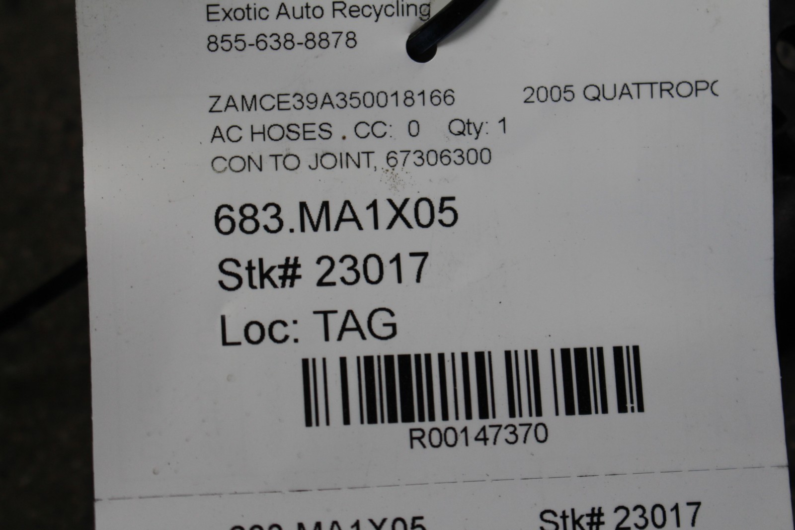 Maserati Quattroporte, Condenser to Joint Hose, Used, P/N 67306300