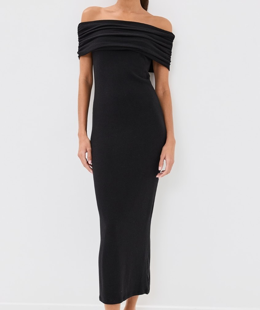 reformation bodycon dress size Medium Josefina Off the Shoulder Knit Black Maxi NEW Navy Glitter Fringe Mini ff::eta::889047937643_2026-09-15 88% Tencel lyocell/12% spandex Size:EU 40  / US 7 - 7.5