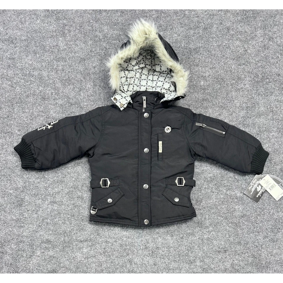 Baby Phat винтажный Y2K девочек черный с капюшоном искусственного меха отделки вниз перо парка куртка 3T - Изображение 2 из 4