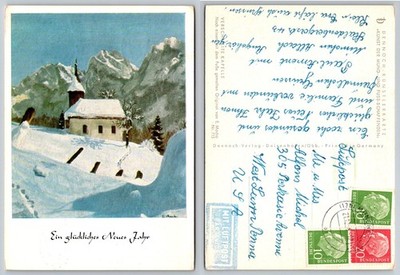 Vintage E. Macho Mouth Foot Painter New Year Card German Alps Chapel 1963