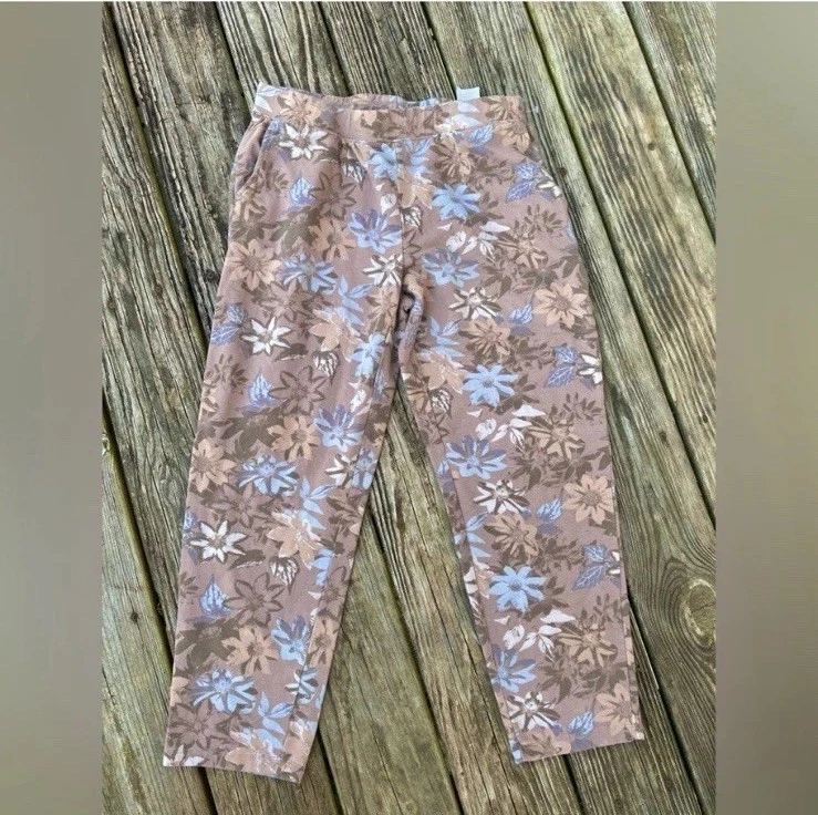 Женские активные мягкие коричневые и синие хлопковые брюки D&Co с цветочным рисунком размер средний - Изображение 3 из 4