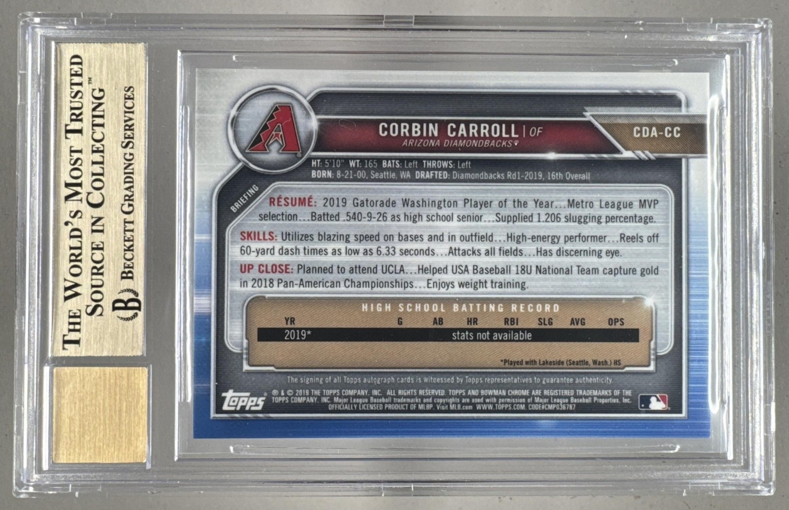 Corbin Carroll 2019 Bowman Chrome Orange Refractor 1st RC Auto 8/25 BGS 9.5/10 view 2