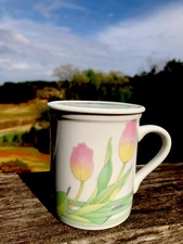 Vintage 2pc Toscany Coffee / Tea Mug w/ Lid  Spring Easter Tulips