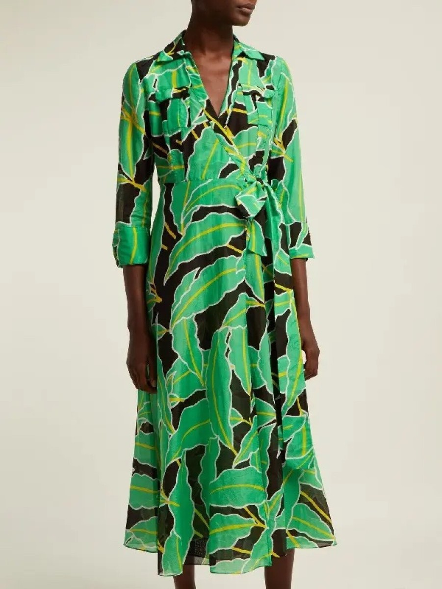 diane von furstenberg wrap dress green Fursternberg Windsor Floral Palm Tree Print sz S 1970s wrap dress