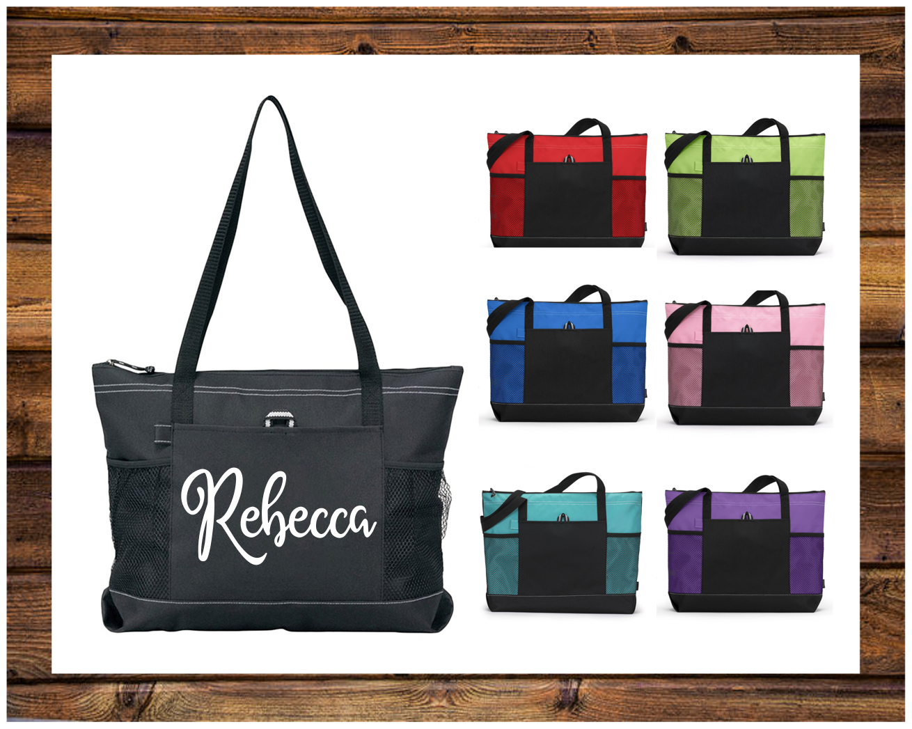 Custom Curly Cursive Name Zippered Tote Diaper Gym Sports Bag Purse