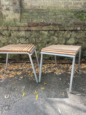 Pair of Conran early 90's stools metal legs and teak wooden slated