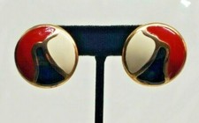 Enamel Pierced Earrings Vintage Red White Black and Gold Round 1 1/4"