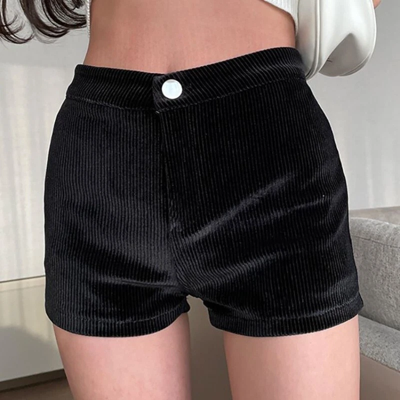Damen Cord Shorts Skinny Mini High Waist Zip Stretch Schwarz Neu Hot Pants - Bild 1 von 4