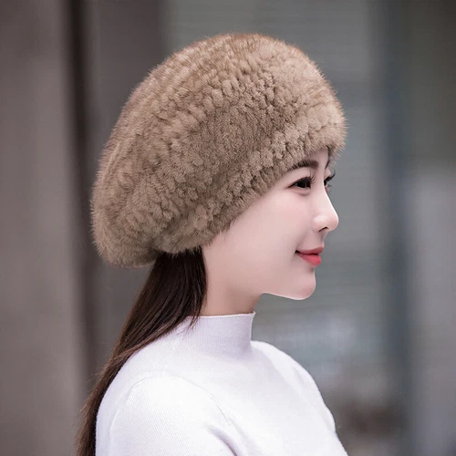 Women's Real Mink Fur Hat Beret Warm Beanie Cap Headwear Winter Brown Wine Black - Picture 5 of 27