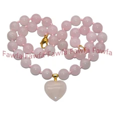 Natural 6/8/10/12mm Pink Rose Quartz Round Beaded Heart shaped Pendant Necklace