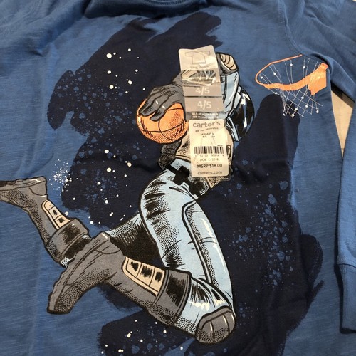Long Sleeve blue t-shirt l boys size 4-5 Astronaut Basketball B551 NEW Space - Picture 3 of 4