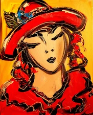 RED HAT GIRL IMPASTO  IMPRESSIONIST M. KAZAV ORIGINAL OIL  PAINTING - signed