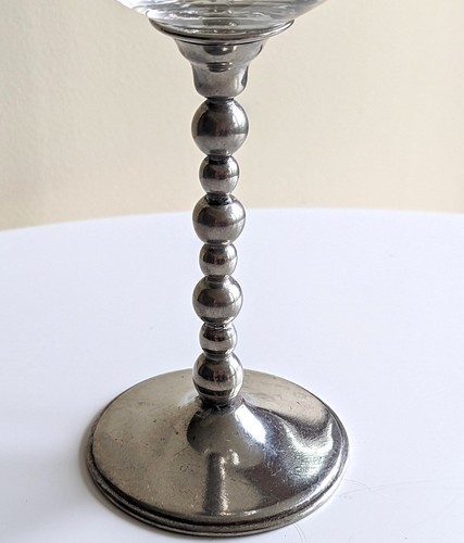 CRYSTAL HAND BLOWN WINE GLASS GOBLET WITH 95 PEWTER BEADED STEM, 9 ¾” HEIGHT - Picture 5 of 10