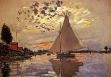 Oil painting Claude Monet - Sail boat at Le Petit-Gennevilliers dusk landscape