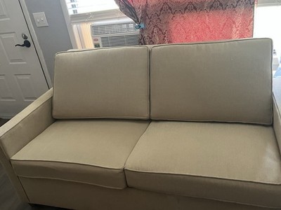 Beige 2-Seat Contemporary Sofa, Track Arms, Faux Leather, Removable Cushions