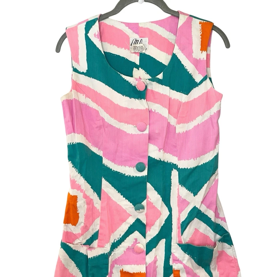 Винтажный MALIA HONOLULU смелый Geo 70-х гавайский мини-платье кнопка спереди хлопок sz 8 - Изображение 3 из 4