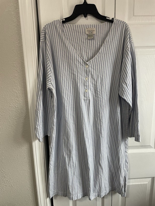 Amanda Stewart Cozy Cotton Nightgown Cottagecore 1X White Blue Stripe Henley