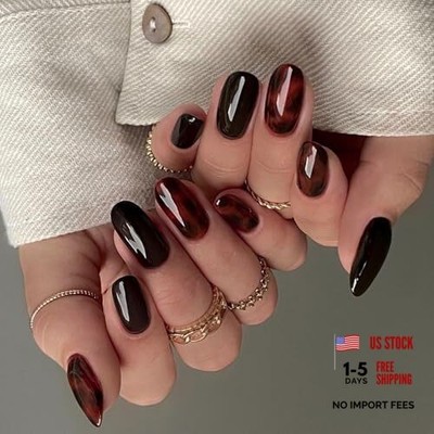30Pcs Brown Leopard Press on Nails Short Oval Fake Nails with Gradient Design