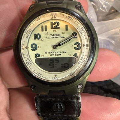 Casio 2747 AW-80 Mens Watch 40mm Beige Dial Green Telememo 30 Illuminator