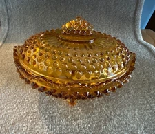 Fenton Colonial Amber Hobnail Oval Covered Candy Dish With Lid