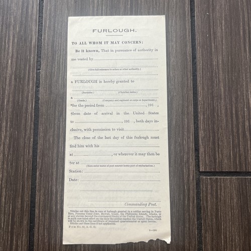 Antique United States Military Furlough Forms US Army Blank Form #62
