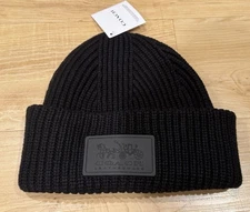 Coach Men’s Knit Ribbed Cuffed Stitched Patch Beanie Skull Cap Black NWT OSFA 