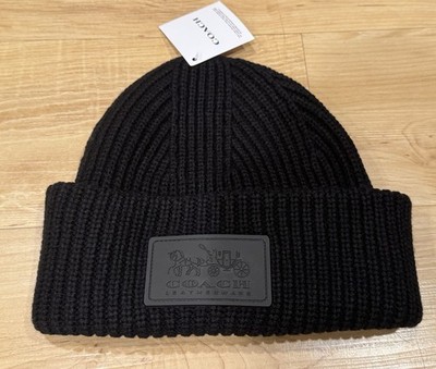 Coach Men s Knit Ribbed Cuffed Stitched Patch Beanie Skull Cap Black NWT OSFA 