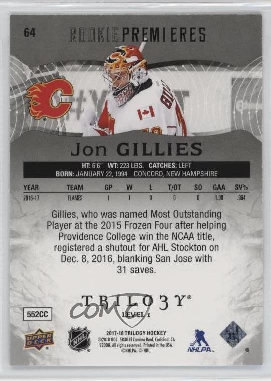 2017 Upper Deck Trilogy Premieres Level 1 Black Foil /99 Jon Gillies Rookie RC - Image 2 of 2