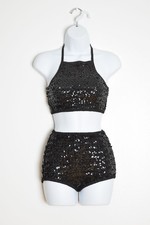 vintage 70s girls dance costume black sequin majorette Leo's two piece tap 10