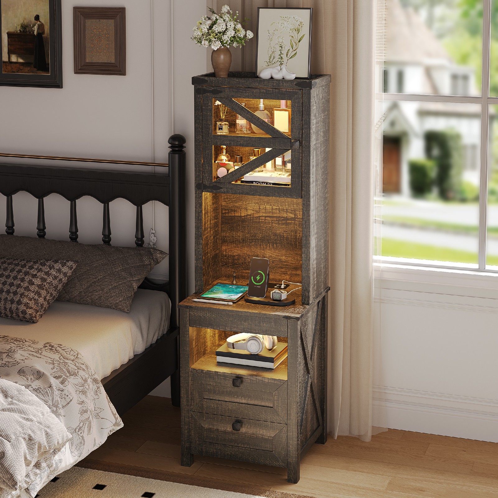 Tall Nightstands with Gun Drawer, Bedisde Table w/ Charging Station & LED Lights
