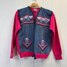Vintage Tultex Upcycled Womens Southwestern Open Denim Sweatshirt Jacket Size S