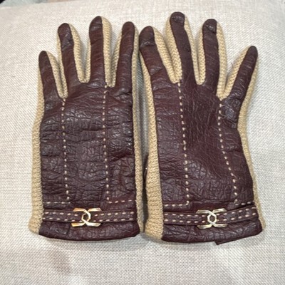 Brown Beige Leather Knit Women's Gloves Lined Buckle Accent Wrist Warm Fall