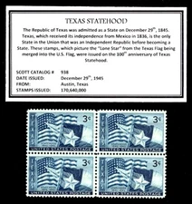 1945 - TEXAS - Mint, Never Hinged, Block of Four Vintage U.S. Postage Stamps