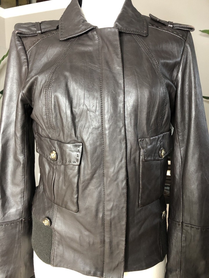 June Women Medium Brown Leather Zip Front Bomber Military Jacket eBay