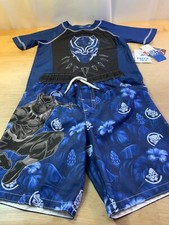 New Boy's Marvel Avengers Black Panther Swim Outfit-Top  Trunks Sz M 