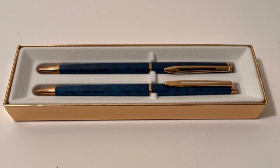 Novo na caixa Waterman caneta/lápis Paris França azul mármore conjunto de escrita luxo - Imagem 3 de 4