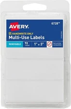 White Removable Labels 1"X3" 72-Pack – Multi-Use Writable Adhesive Tags - New