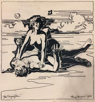 ART NOUVEAU Drawing ~ GERMAN JUGENDSTIL ~ 1902 Listed Artist BEACH LOVERS