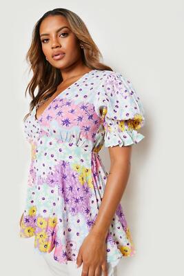 Boohoo Plus V Neck Mixed Floral Print Puff Sleeve Peplum Top UK 18