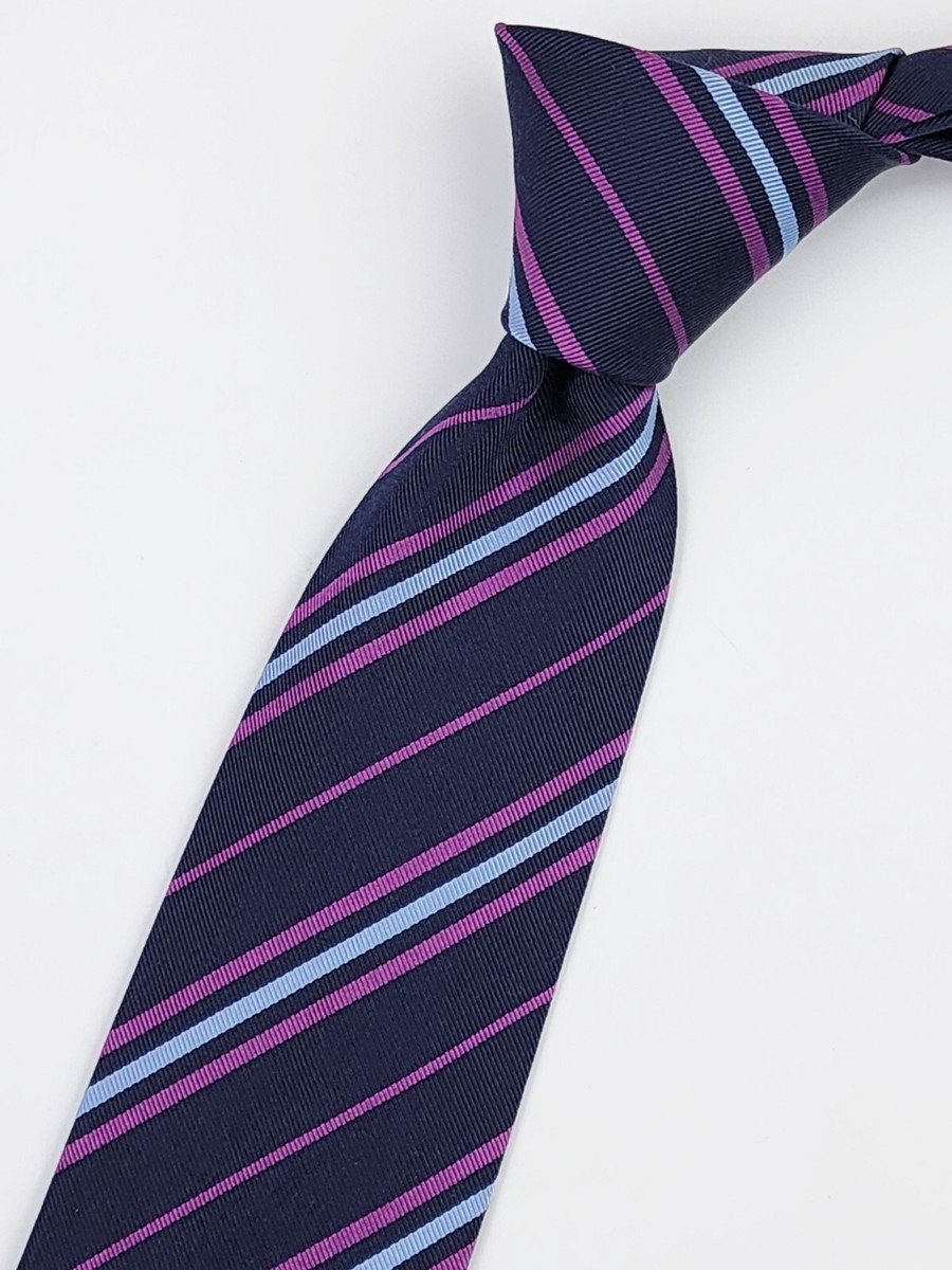 HERMES TIE 659191 T Purple Blue Striped on Dark Blue Woven Cotton