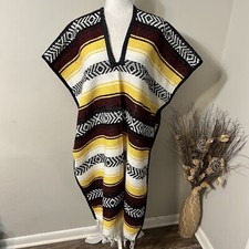 Mexican Jorongo Hippie Boho Baja Aztec Fringed Poncho Serape Blanket One Size