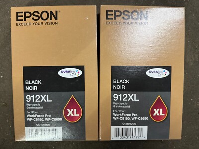 Genuine Epson 912XL BLACK Ink Cartridge WF-C8190,WF-C890 DuraBrite Pro  Lot of 2