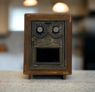 Antique Post Office Double Eagle Dial Door Coin Bank Wooden Box 7'' x 5'' x 6.5''
