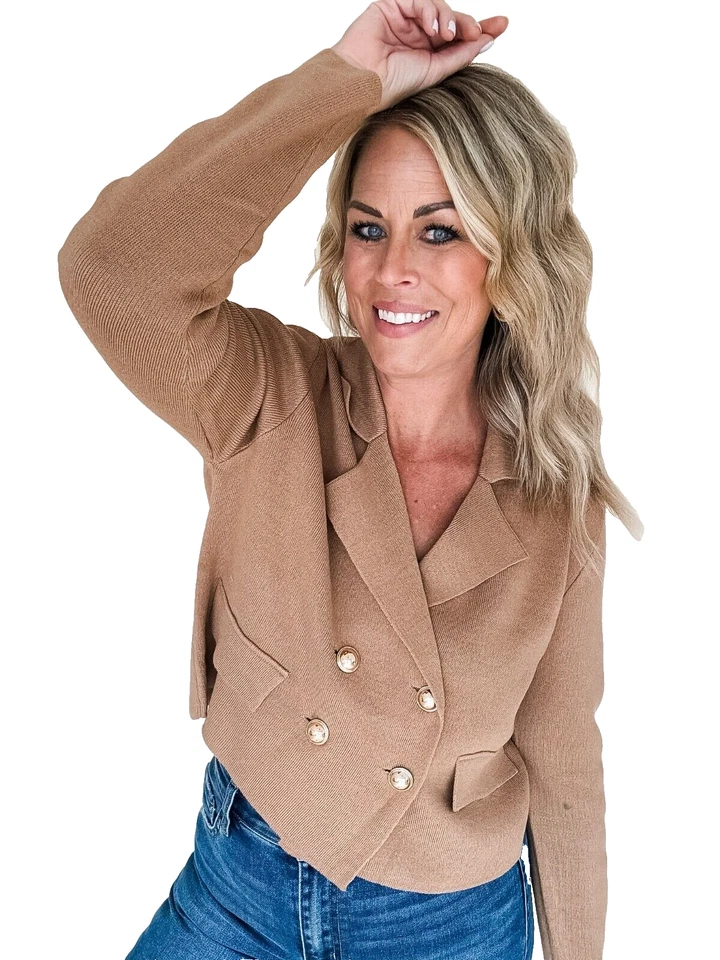 Cropped Cardigan Blazer Double Breasted Gold Button Down Knit Camel Sweater XXL
