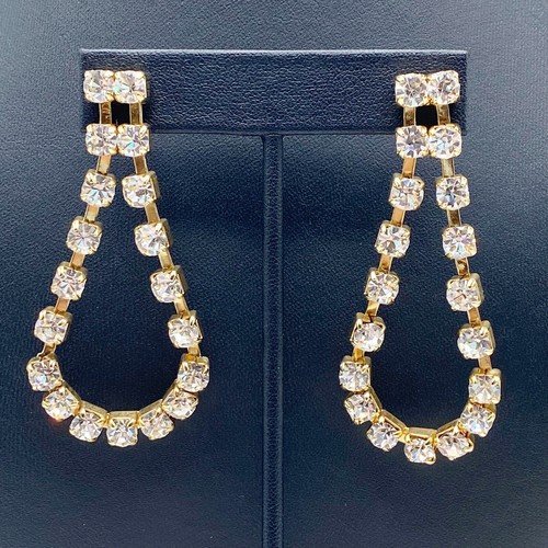 Gold Tone Rhinestone Articulated Dangle Drop Earrings Glamour Bling Luxe 2.5"