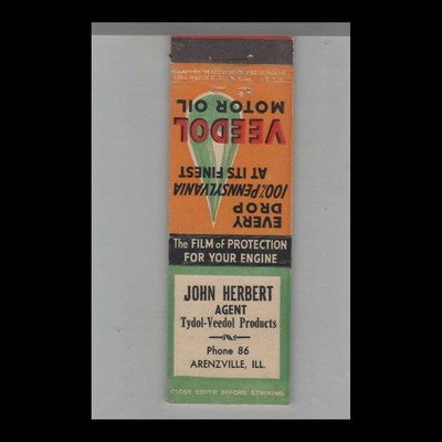 Matchbook Cover John Herbert Agent Tydol-Veedol Products Arenzville, IL