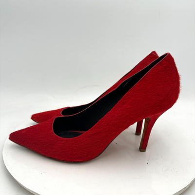 Celine Women Size EU 38 US 8 Red Leather Fur Pointed Toe Pump Heel