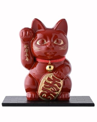 Gingado Maneki Neko  Large - 16cm  Red Lacquer, Right Paw Raised, Made of Metal,