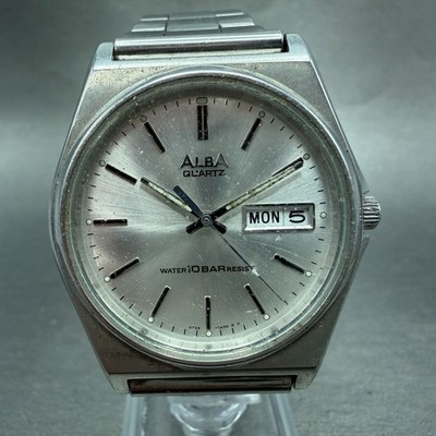 Seiko ALBA Watch Men 35mm Silver Dial Silver Tone Daydate V743