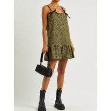 GANNI Women's Yellow Houndstooth Mini Dress with Black Bow Straps Size 32